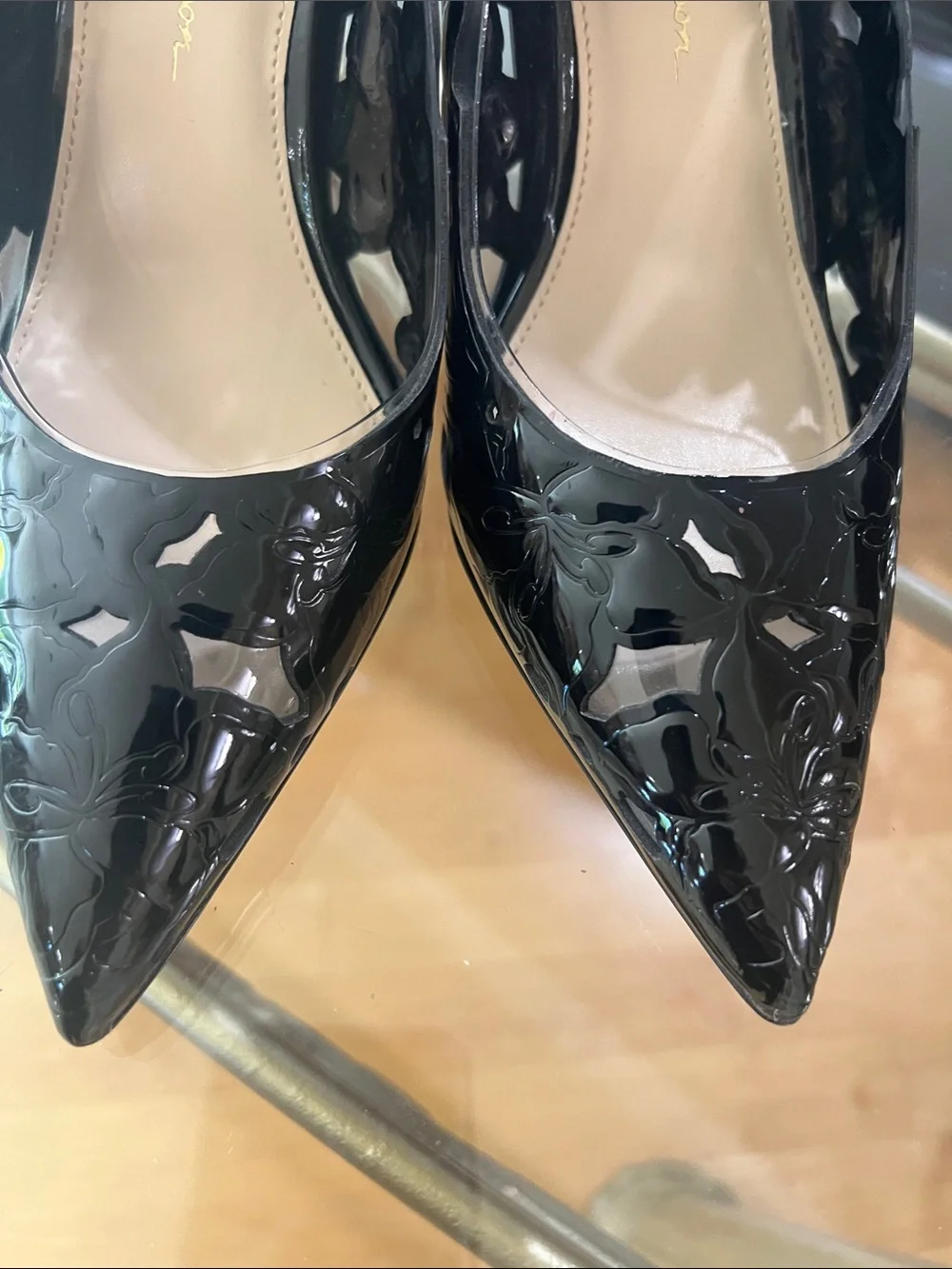Jessica Simpson Black Patent Pointed Toe Pumps with Floral Embossing